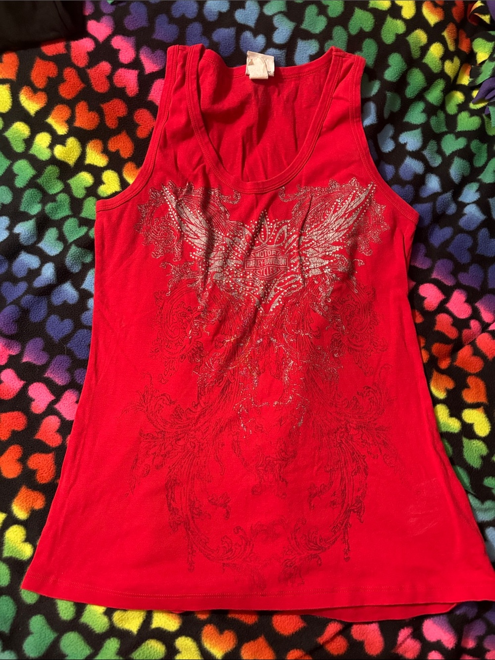 Harley-Davidson Red Tank Top with Metallic Wing Graphic